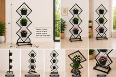 Modern Diamond Metal Plant Stand with 3 Pots – 72 Inch