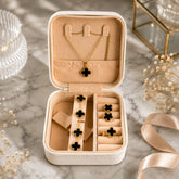 Luxury Black Clover Jewelry Set with Premium Travel Jewelry Box – Necklace, Bracelet, Earrings & Ring | Gift for Her