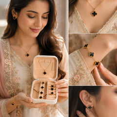 Luxury Black Clover Jewelry Set with Premium Travel Jewelry Box – Necklace, Bracelet, Earrings & Ring | Gift for Her