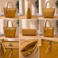 Elegant Mustard Yellow Tote Bag for Women – Floral Textured Shoulder Handbag