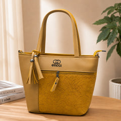 Elegant Mustard Yellow Tote Bag for Women – Floral Textured Shoulder Handbag