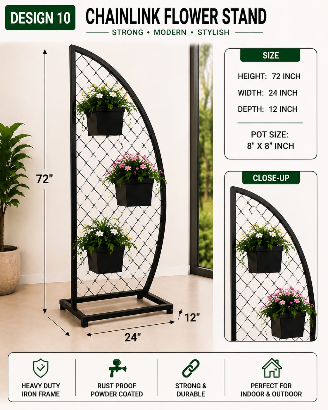 Modern Arc Chainlink Flower Stand – 3 Pot