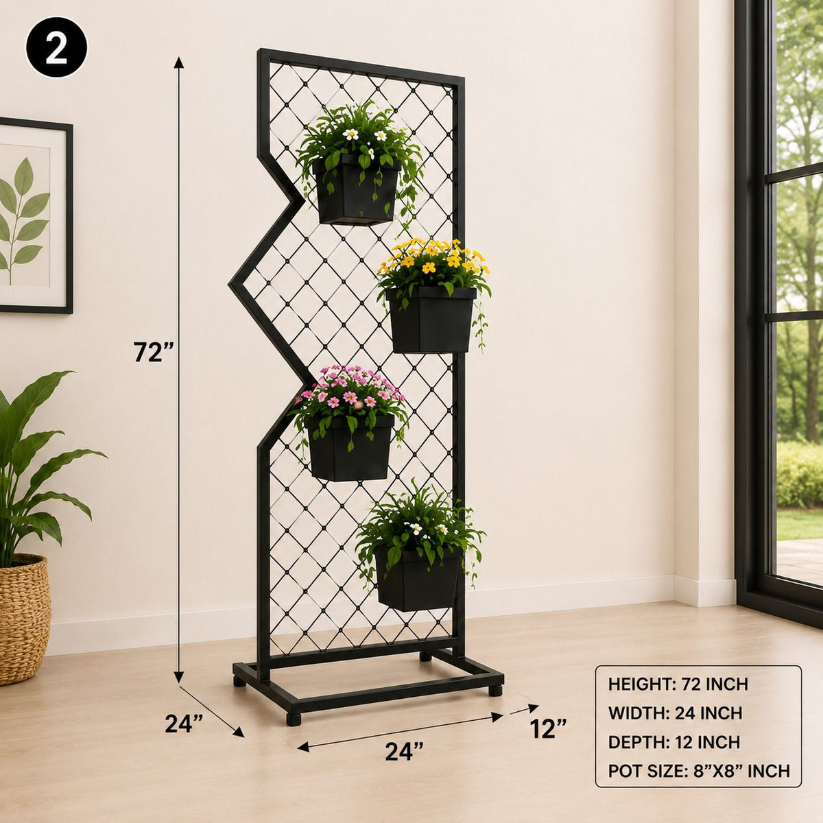 Modern Geometric Metal Plant Stand with 4 Pots – 72 Inch