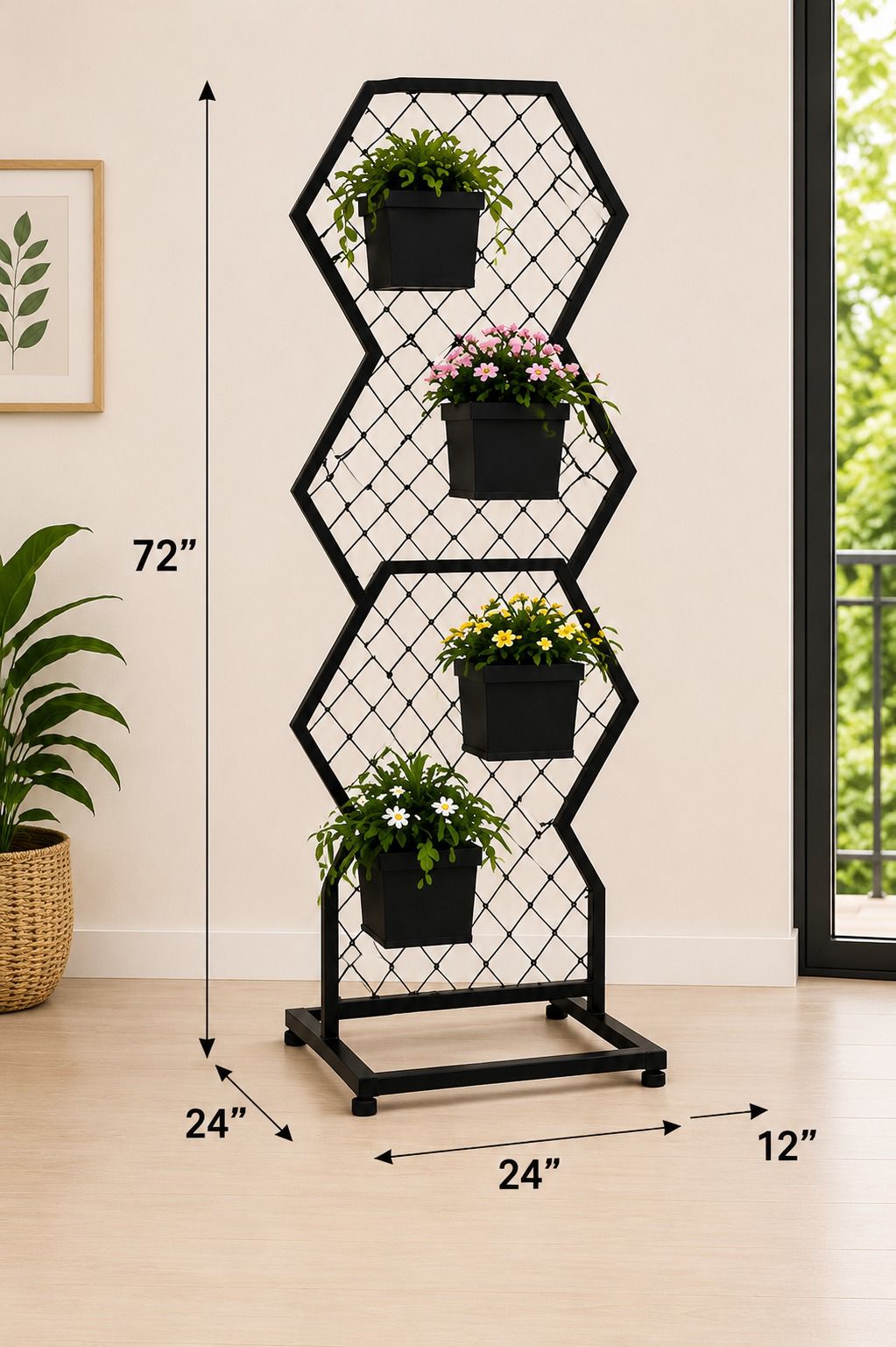 Modern Hexagon Metal Plant Stand with 4 Pots – 72 Inch