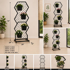 Modern Hexagon Metal Plant Stand with 4 Pots – 72 Inch