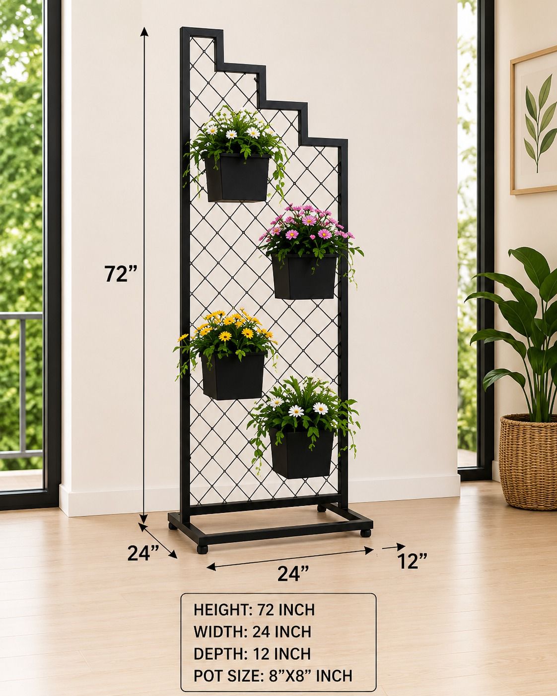Modern Staircase Metal Plant Stand with 4 Pots – 72 Inch