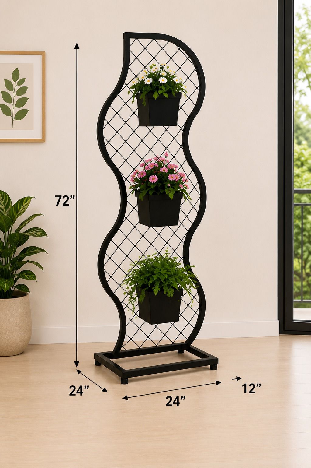 Modern Wave Design Metal Plant Stand with 3 Pots – 72 Inch