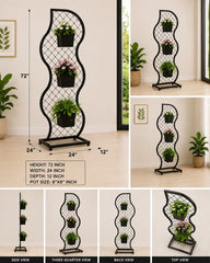 Modern Wave Design Metal Plant Stand with 3 Pots – 72 Inch