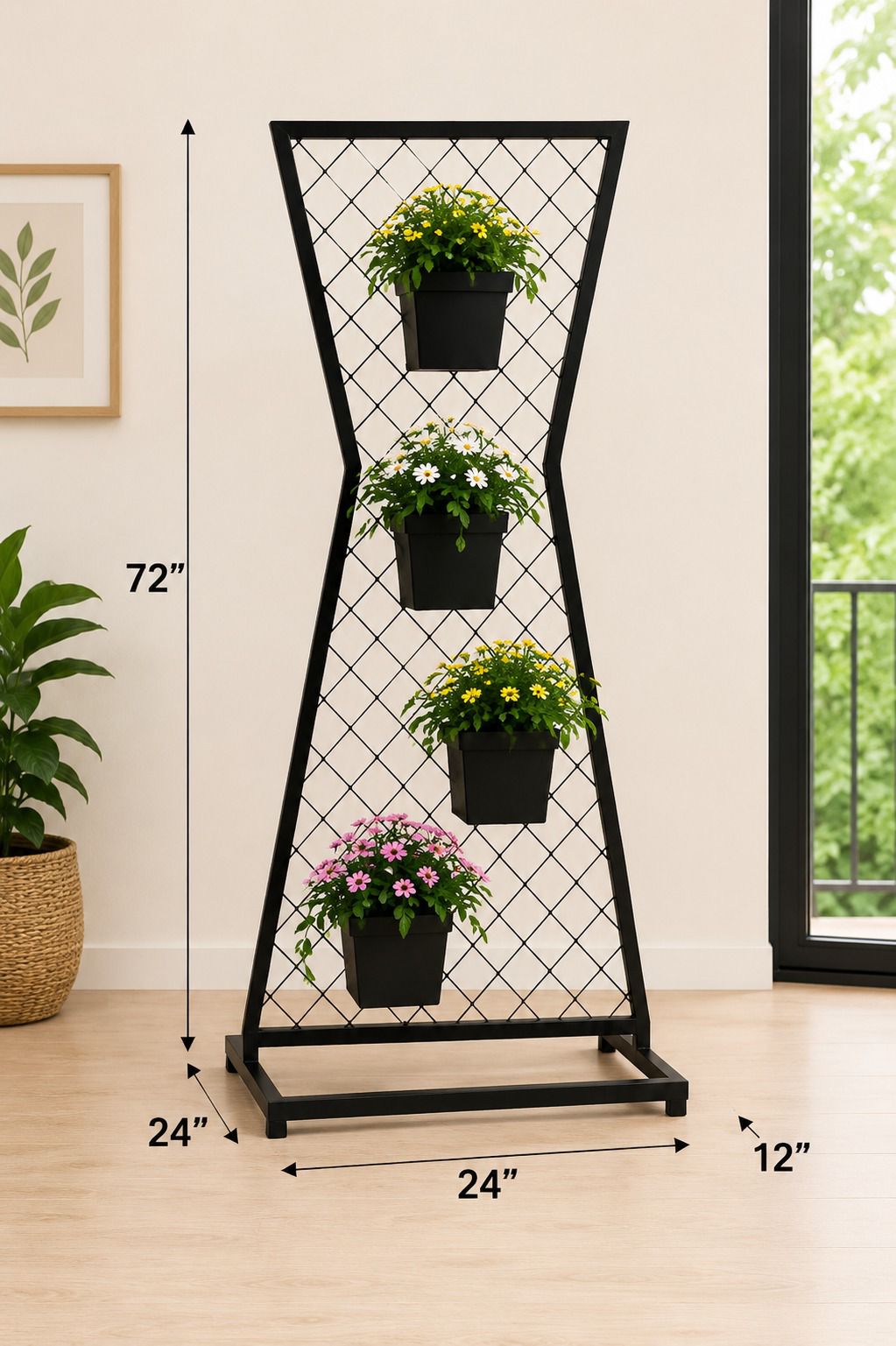 Modern Hourglass Metal Plant Stand with 4 Pots – 72 Inch