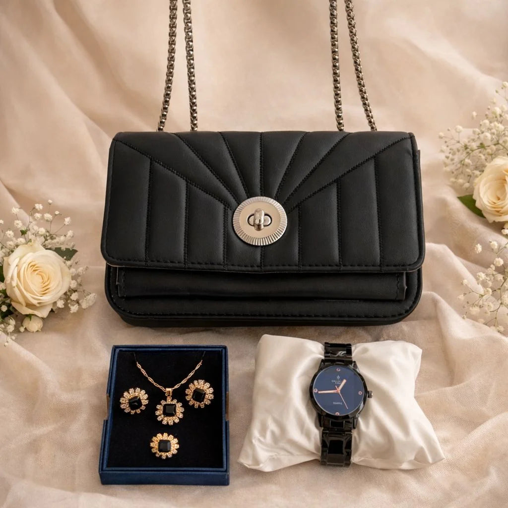 3-in-1 Women’s Combo Set – Elegant Bag, Wristwatch & Jewelry Gift Set